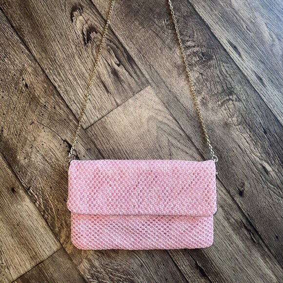 Bamboo Woven Pink Rectangle Fold Over Crossbody Bag - Picture 2 of 13